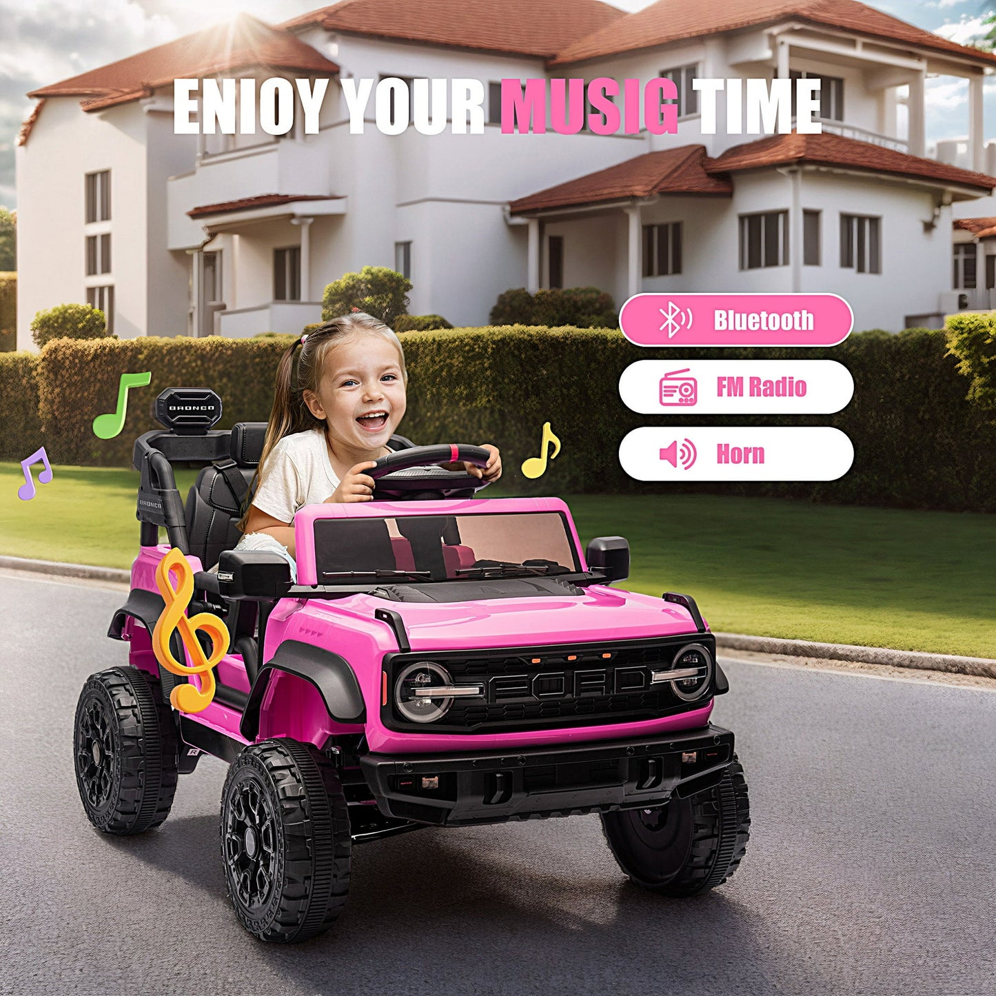 12V Powered Ride on Car, Ford Bronco Raptor Ride on Toys with Remote Control, Battery Powered Ride on Trucks with Bluetooth Music, LED Light, Kids Car Electric Vehicle for Boys Girls Gifts, Pink