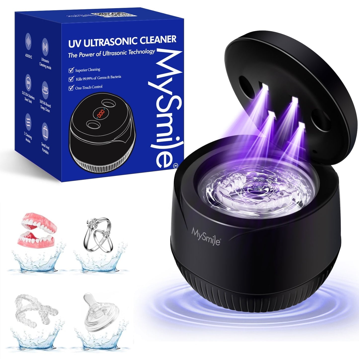 MySmile 45kHz Portable Ultrasonic Retainer Cleaner UVC Sterilizer Machine Dental Cleaning Pod for Denture Cleanser, Invisalign Aligner, Braces, Mouth Guard,Jewelry, 2 Modes