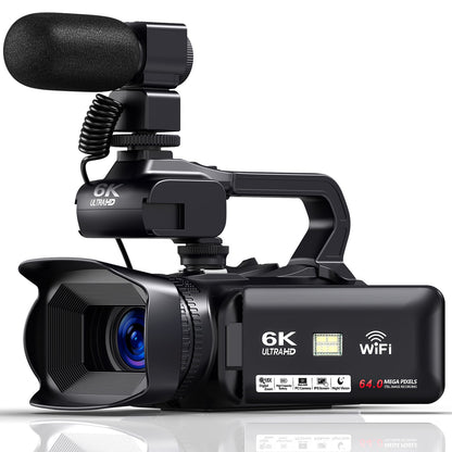 MARVUE 6K Video Camera Camcorder 64MP, Ultra 4.0" Touch Screen IR Night Vision 18X Digital Zoom with Microphone, Wifi, Handhold Stabilizer, 64G SD Card