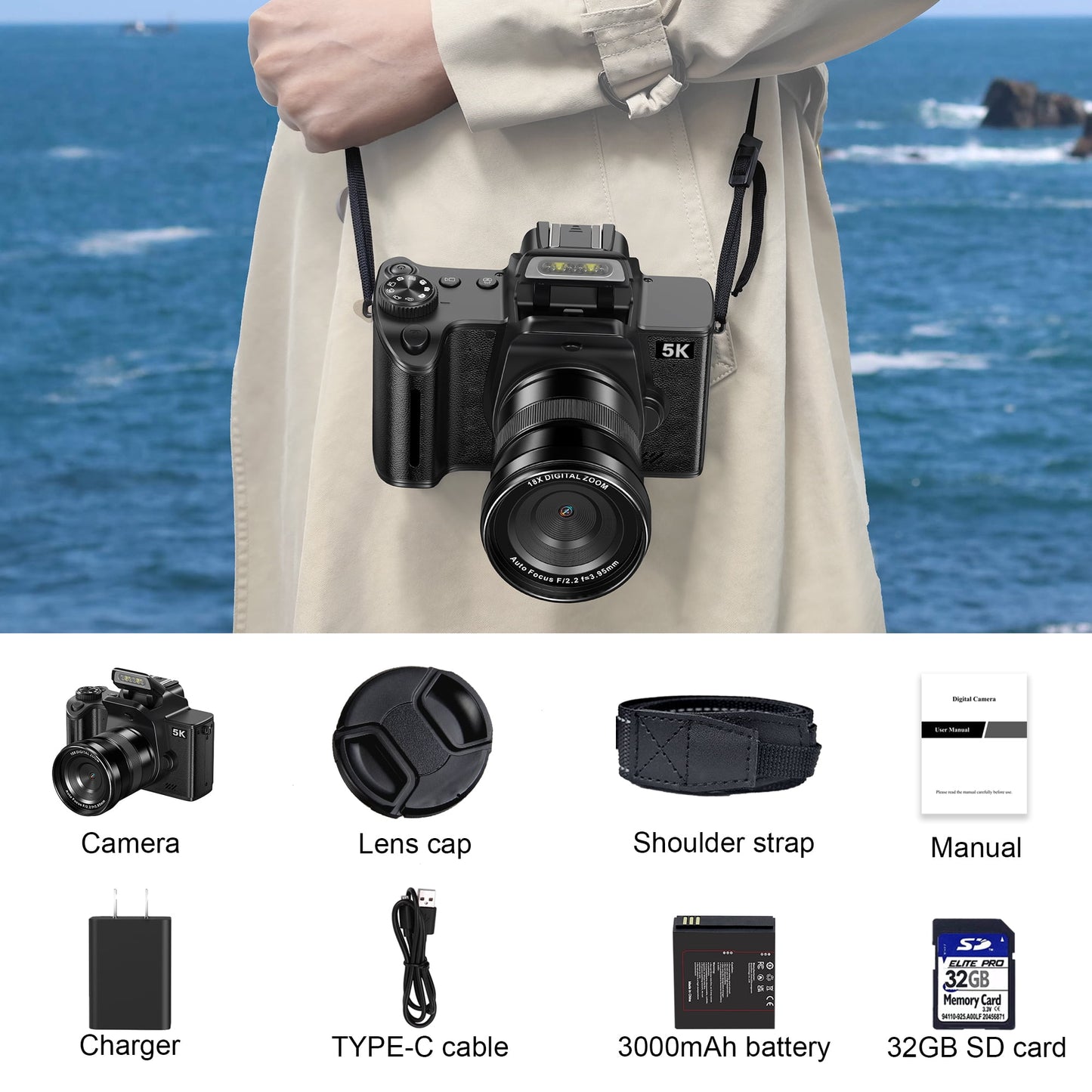 MARVUE Digital Camera with 5K UHD Video, 80MP, 18X Zoom, One-Touch Macro, 32GB SD Card