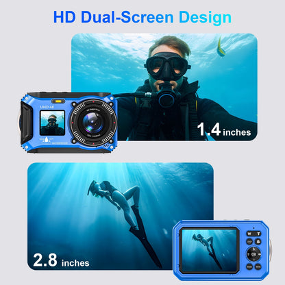 SEREE 4K 64MP 33FT UHD Underwater Camera for Snorkeling Dual-Screen Compact Waterproof Dustproof Floatable Autofocus Camera with 32GB Card Blue