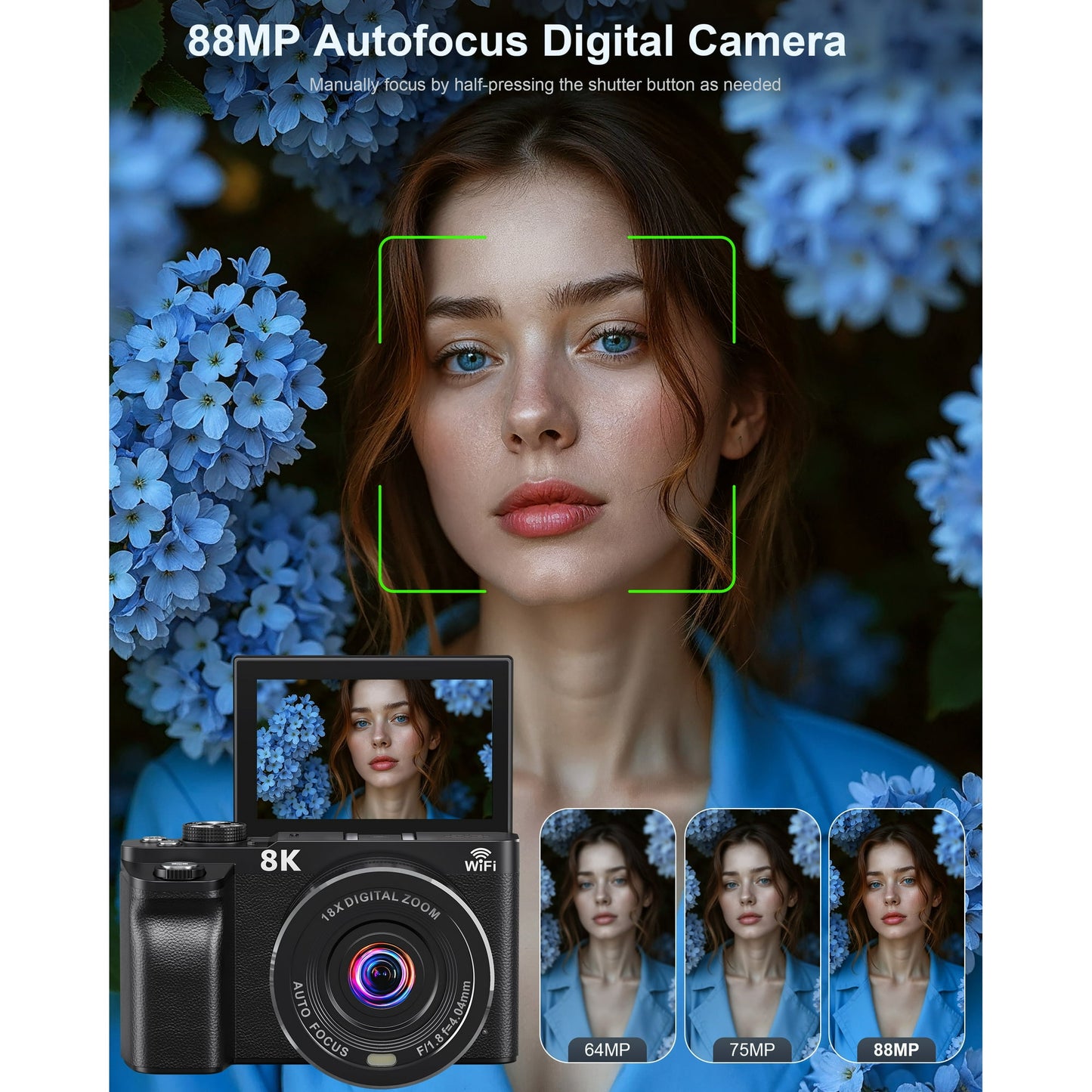 MARVUE 8K Digital Cameras for Photography WiFi Autofocus 88MP 18X Zoom Vlogging Camera for Youtube with 3" 180° Flip Screen, 64GB Card