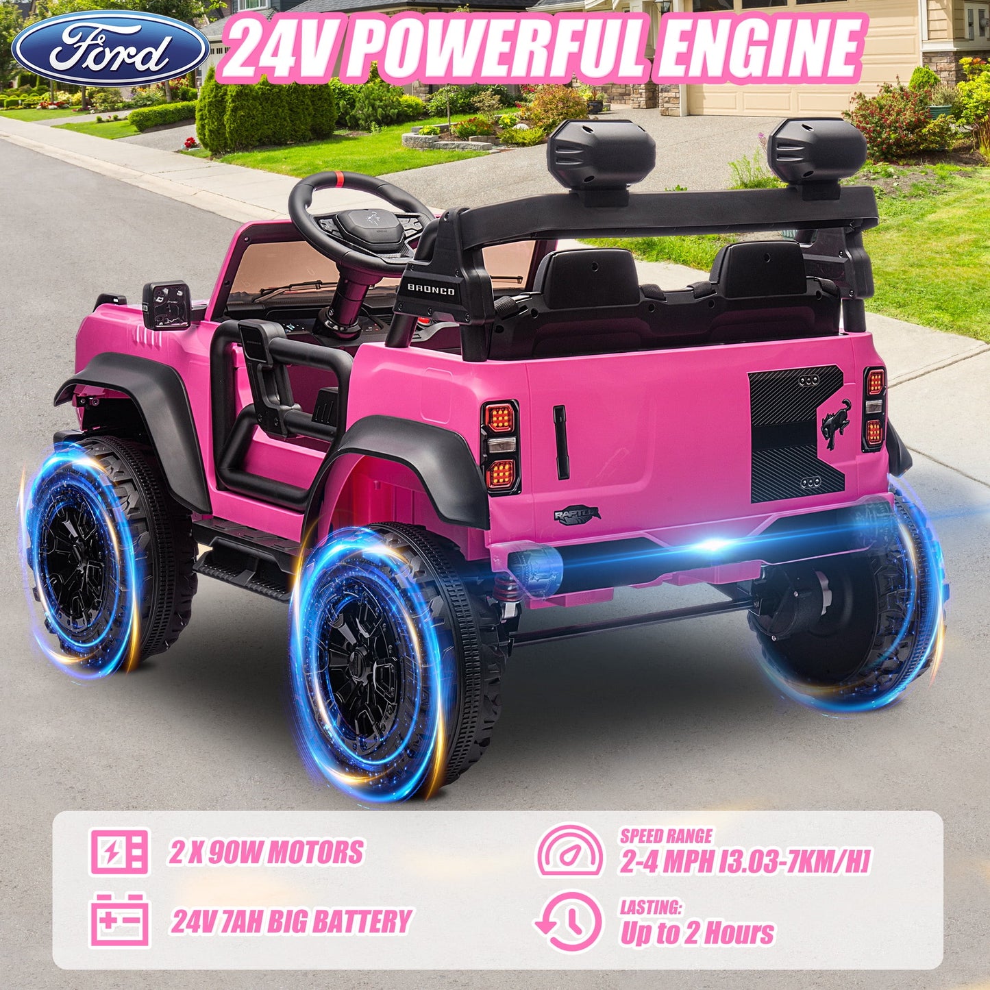 24V 2 Seater Ride on Toy Car, Licensed Ford Bronco Raptor Ride on Trucks with Remote Control, Bluetooth Music Player, Spring Suspension, 24v Ride on Toys for Big Kids Boys Girls Ages 3-8, Pink