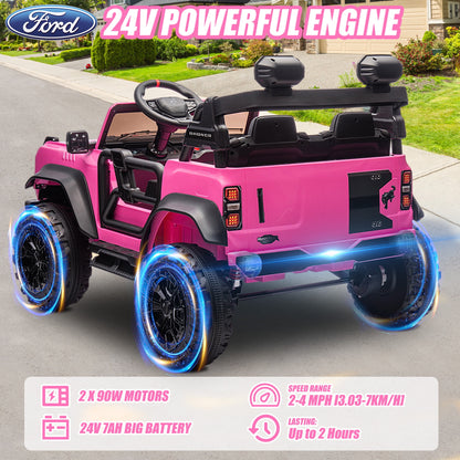 24V 2 Seater Ride on Toy Car, Licensed Ford Bronco Raptor Ride on Trucks with Remote Control, Bluetooth Music Player, Spring Suspension, 24v Ride on Toys for Big Kids Boys Girls Ages 3-8, Pink