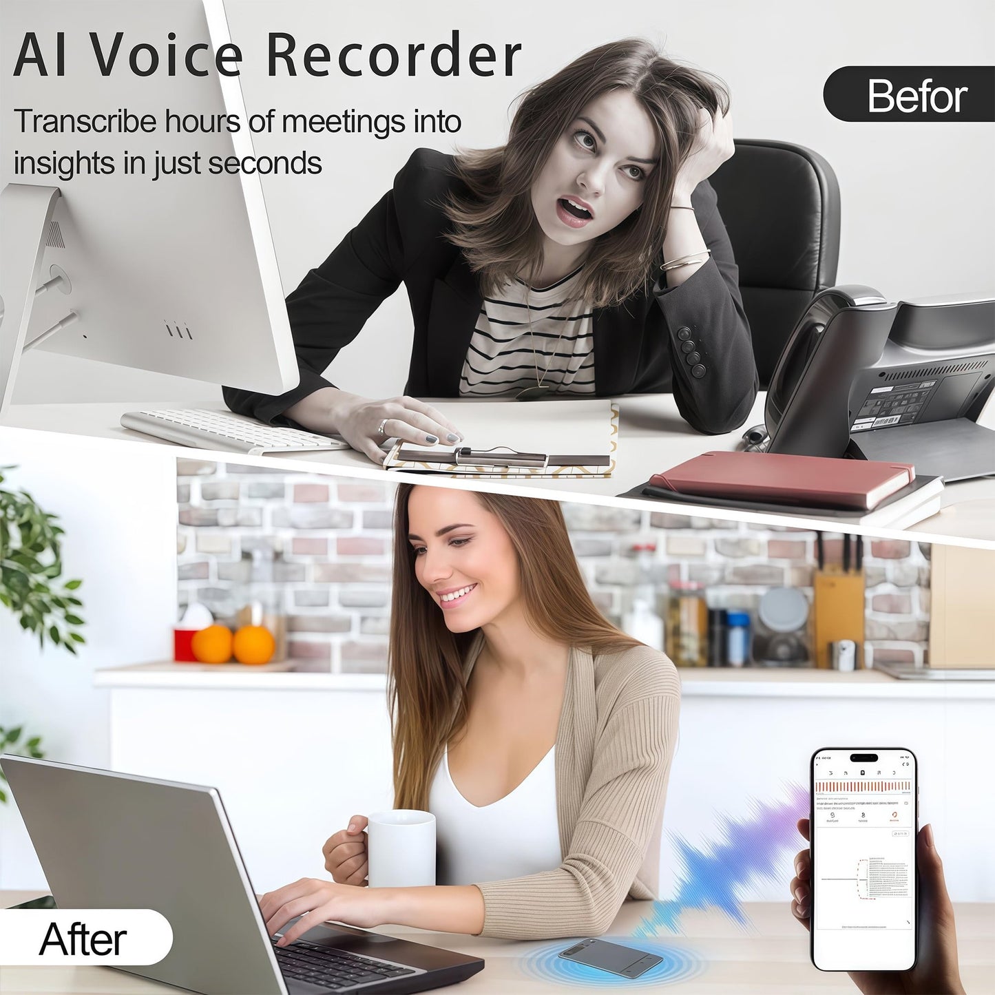 SEREE AI Voice Recorder, Real-Time Transcribe & Summarize, Noise Cancellation Technology, Ultra-Thin, Support 118 Languages, 64GB Memory APP Control Audio Recorder for Meetings, Lectures, Calls
