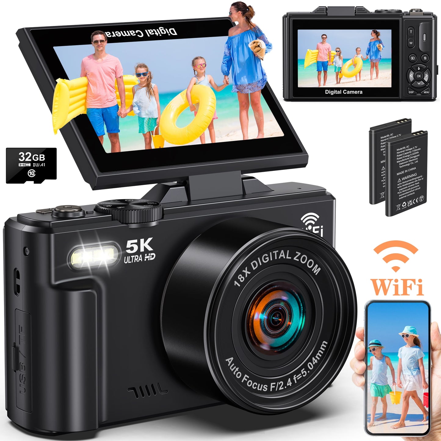 MARVUE Digital Camera 5K 75MP WiFi Vlogging Camera for Photography, 18x Zoom, Autofocus, Flip Screen with 32GB Card