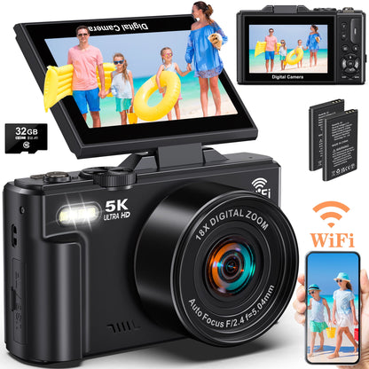 MARVUE Digital Camera 5K 75MP WiFi Vlogging Camera for Photography, 18x Zoom, Autofocus, Flip Screen with 32GB Card
