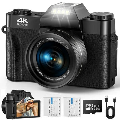 MARVUE Digital Camera for Youtube 4K 56MP Video Vlogging Camcorder with 32GB SD Card and 2 Batteries
