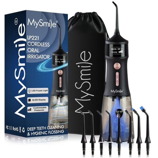 MySmile LP221 OLED Cordless Water Flosser with UVC Sterilizer Light, Portable Oral Irrigator Electric Dental Flosser Picks for Teeth Cleaning, Braces, Gums, 4 Modes, 8 Jet Tips, Travel Bag, Black