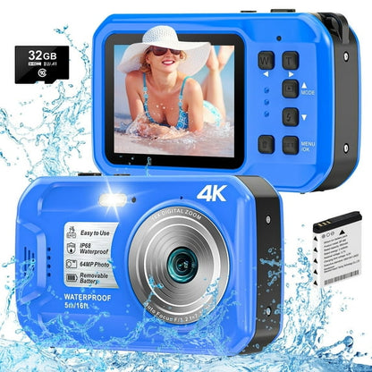 SEREE Waterproof Camera 4K UHD 64MP 16X Digital Zoom Compact Digital Underwater Camera with 32GB Card