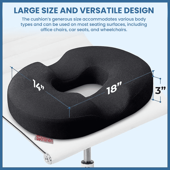 Strlinen Donut Pillow Hemorrhoid Tailbone Seat Cushion – Large Black Lifting Cushion Pain Relief for Coccyx, Prostate, Sciatica, Pelvic Floor, Pressure Sores, Pregnancy