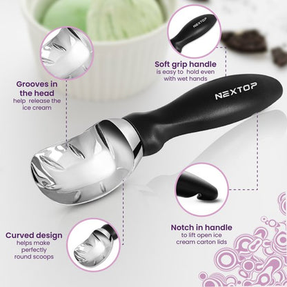 Nextop Ice Cream Scoop with Comfortable Handle, Black - Ergonomic Spoon, Durable Metal Scoop, Easy-Grip Handle - Ideal for Ice Cream, Sorbet, Gelato - Perfect for Home Use, Kitchen Essential